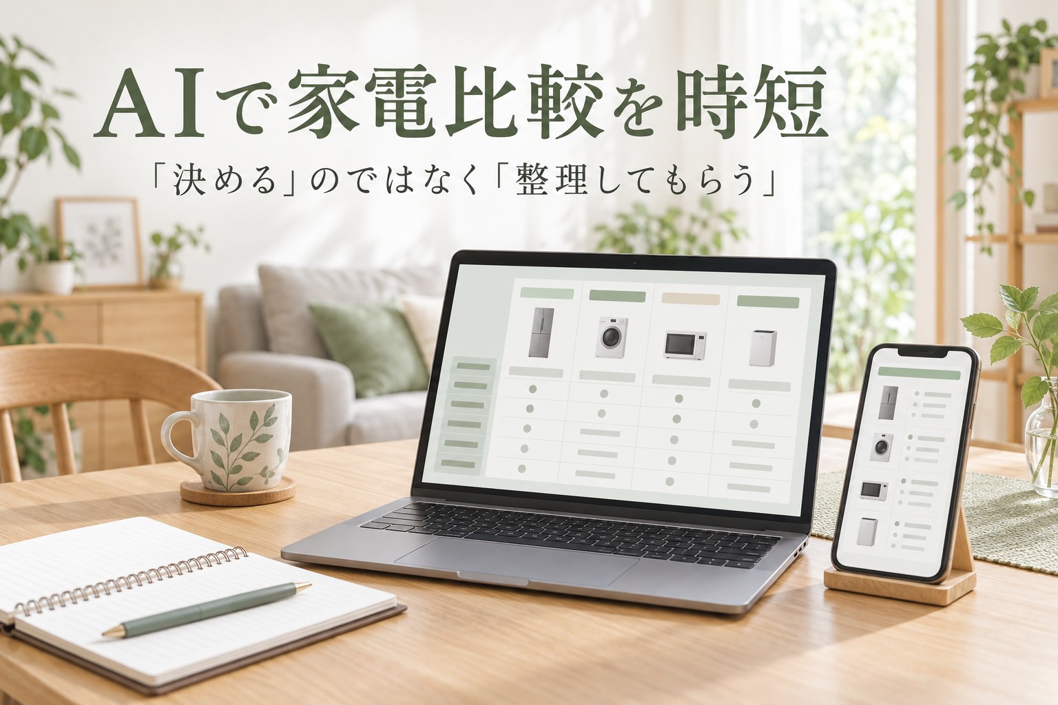 AIを使って複数の家電の機能や価格を比較しているイメージ