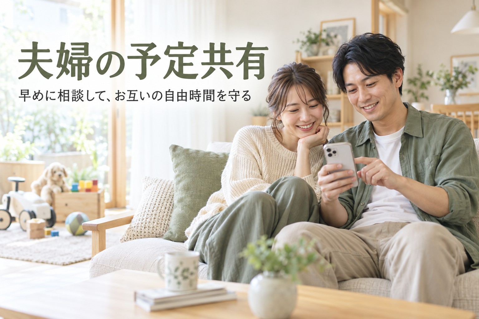 夫婦でスマートフォンの共有カレンダーを確認して予定を調整するイメージ