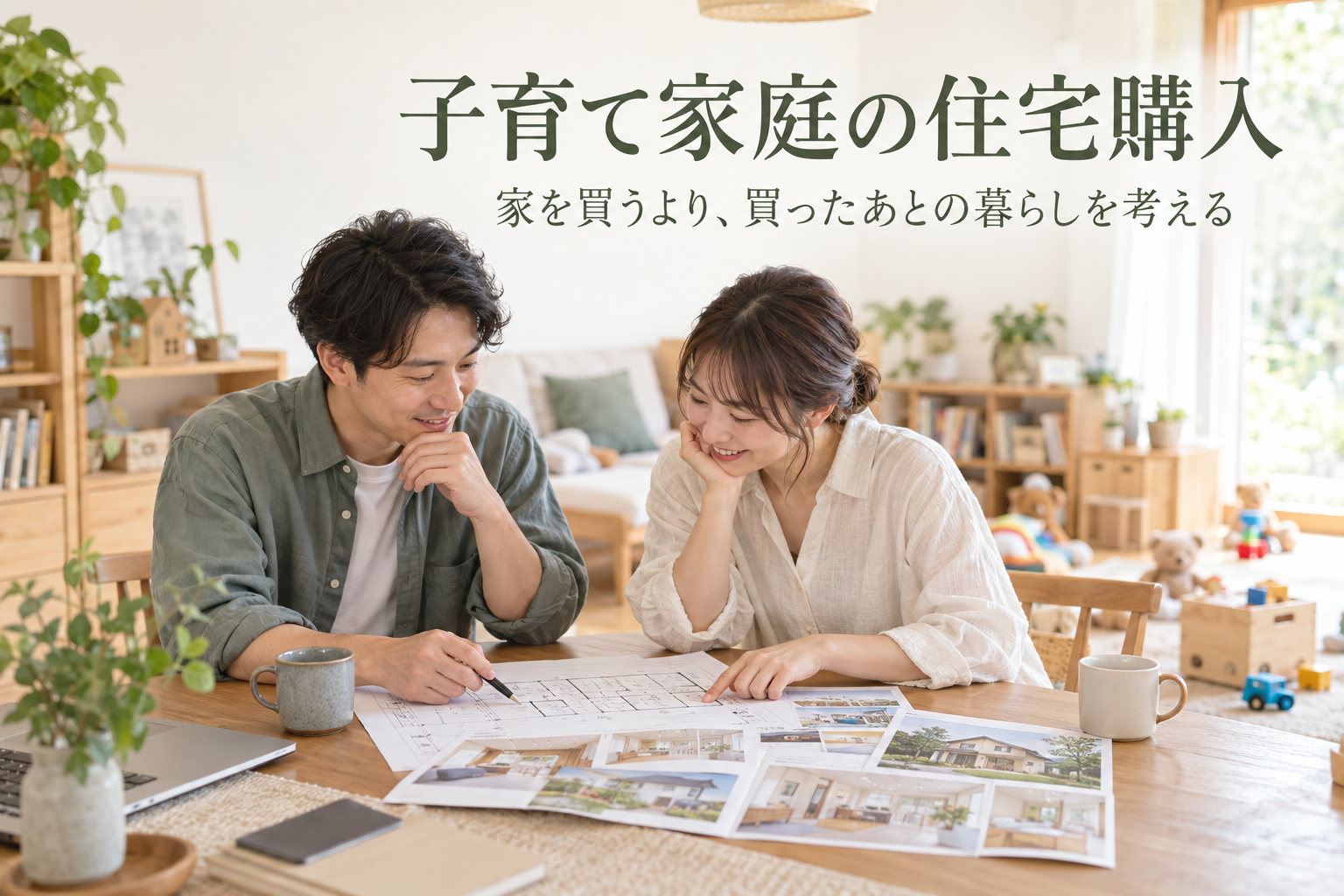 子育て家庭の夫婦が住宅購入について話し合っているイメージ