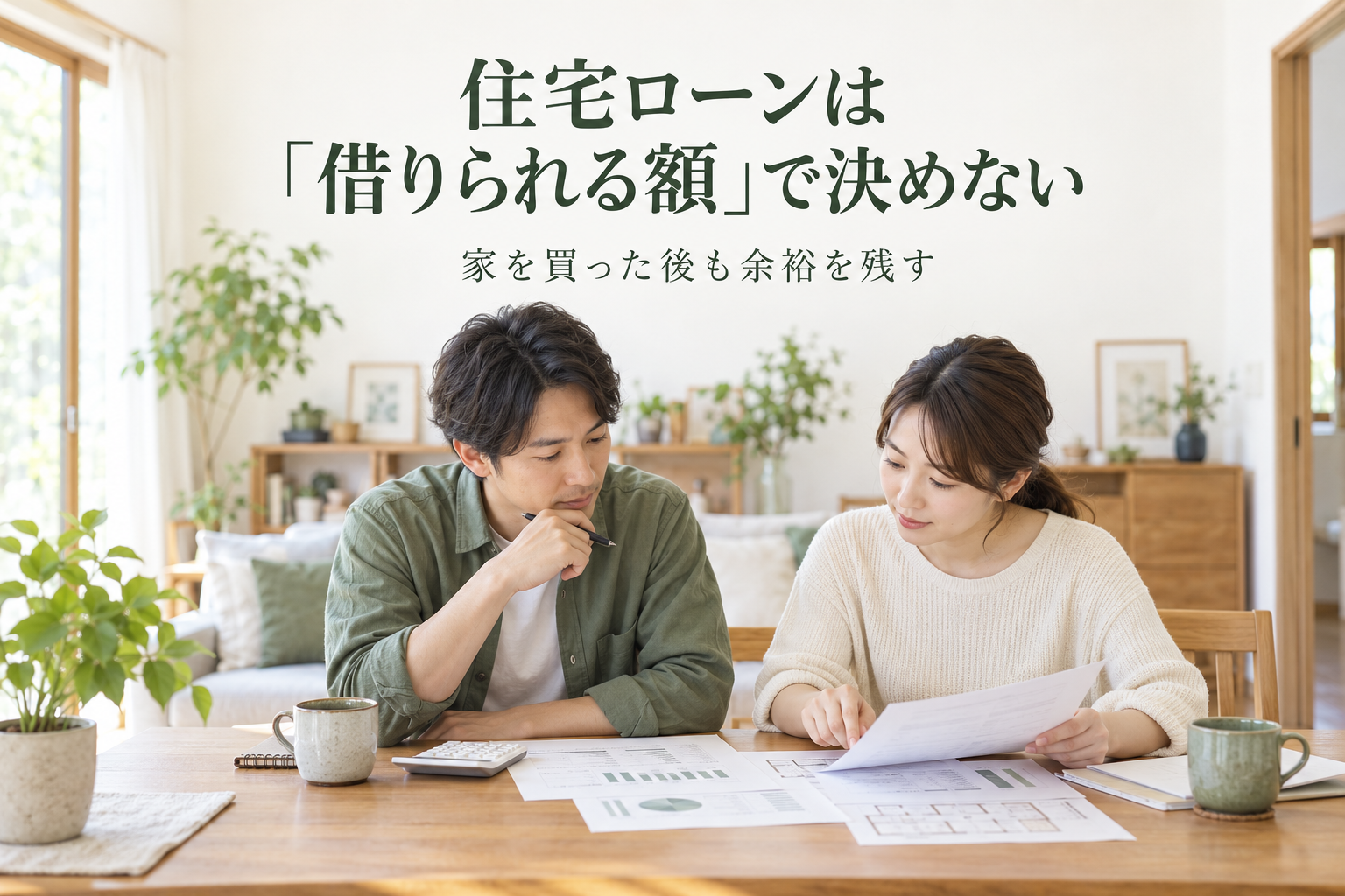 夫婦が家計と住宅ローンの返済額を確認しながら住宅予算を考えているイメージ