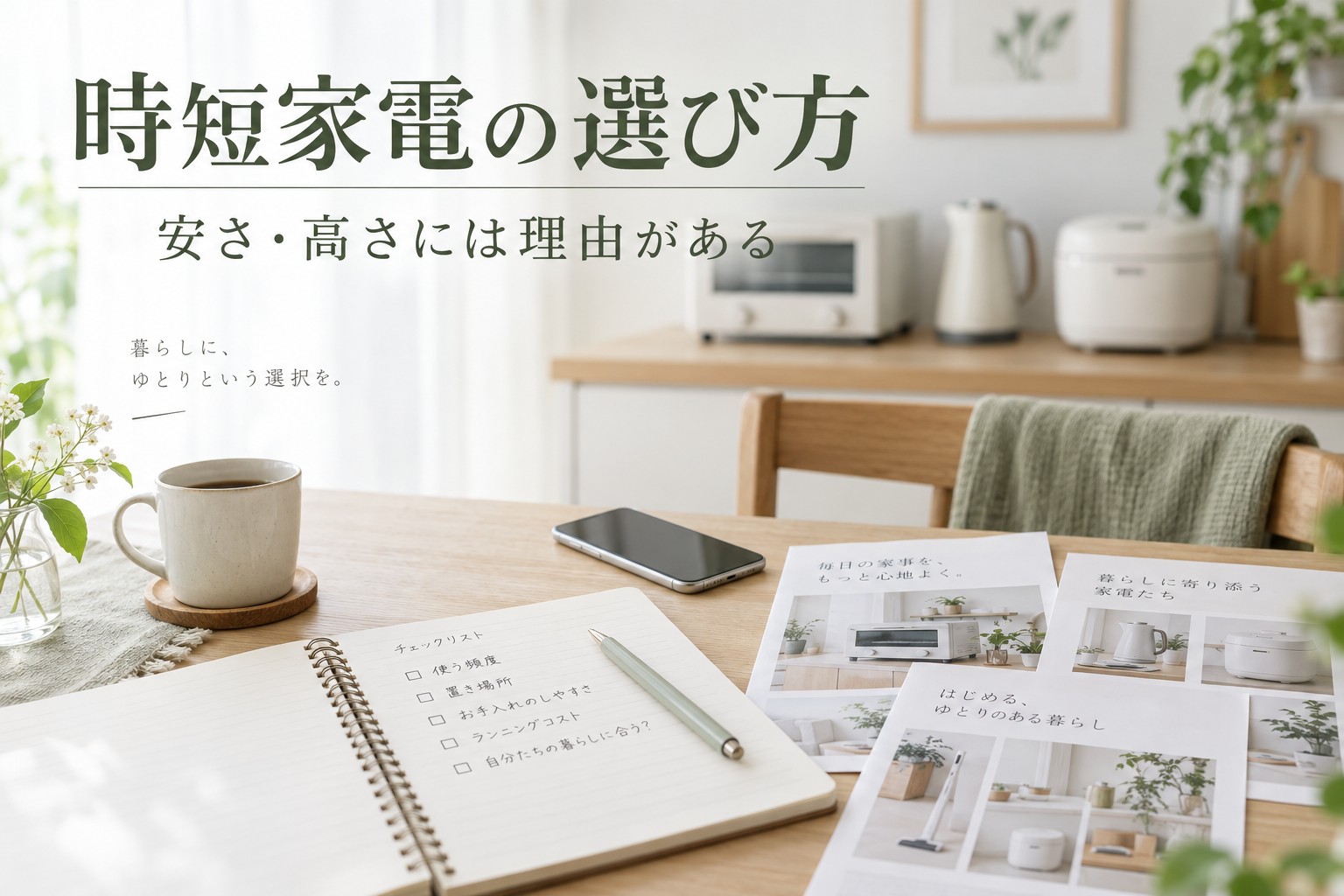 価格や機能を比較しながら時短家電を選ぶイメージ